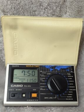 Vintage Casio PQ-40U World Time Travel Alarm Clock Japan w/Case Cream and Black